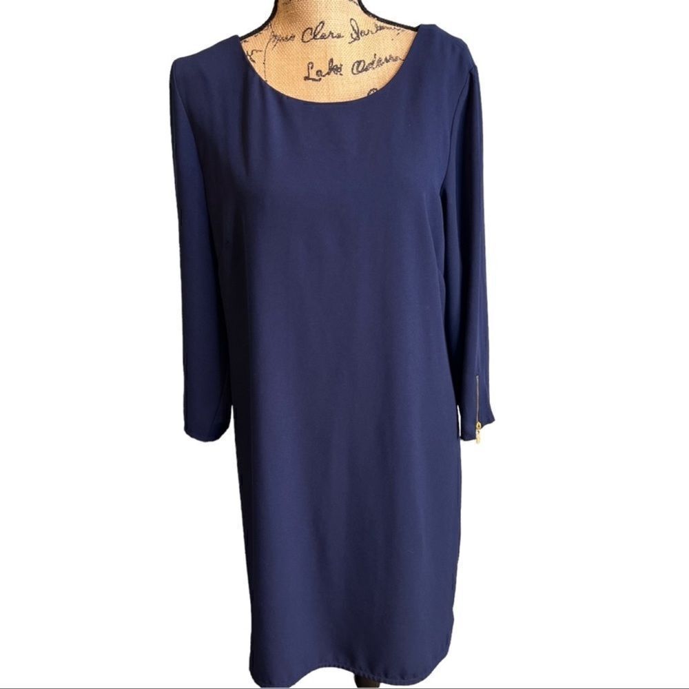 laundry by Shelli Segal 10 Midnight Navy Blue Quart Sleeve Back Zip Shift Dress